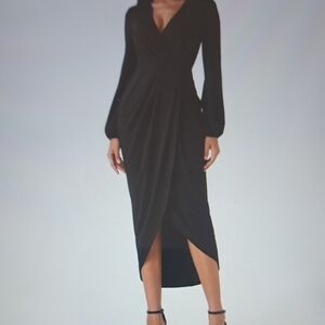 LARGE    HALARA V NECK LONG SLEEVE TULIP HEM MIDI DRESS